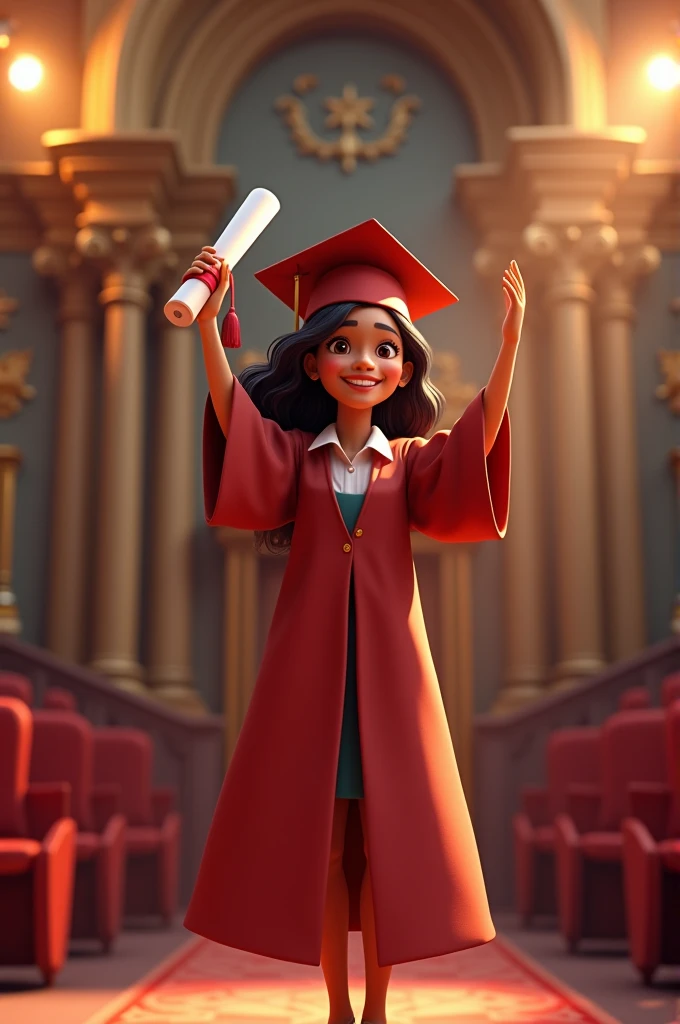 In 3d animation style "Sumana in graduation attire, proudly holding her diploma."