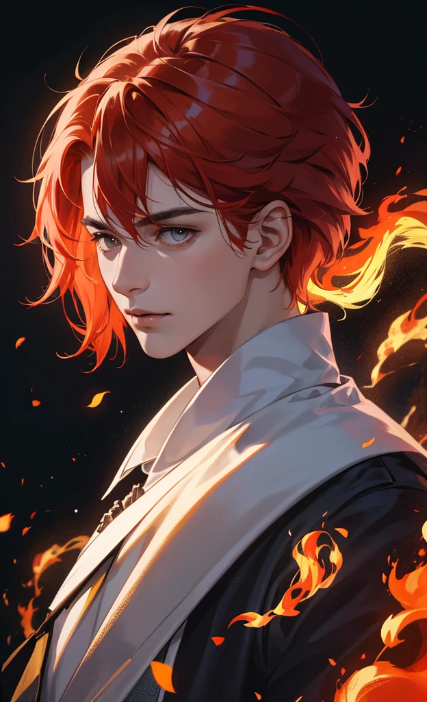 a high resolution, 8k, 1 man, fire, (red hair, hair super short, layered hair:1.1), shadowed face, (people's black coat with red fabric, black top), (view from above:1.1), (red eyes), (katana in hand), chinese culture night city, standing still, (best quality:1.1), (masterpiece), (extremely detailed), absurd, high