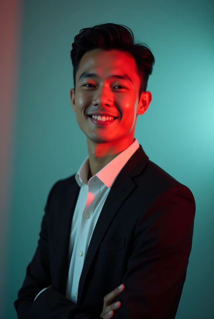 A young man with dark hair and a confident smile. He is dressed in a black blazer over a white shirt. The man is positioned against aqua colour backdrop with a subtle red lighting on the left side. and he posing for Linkedin profile