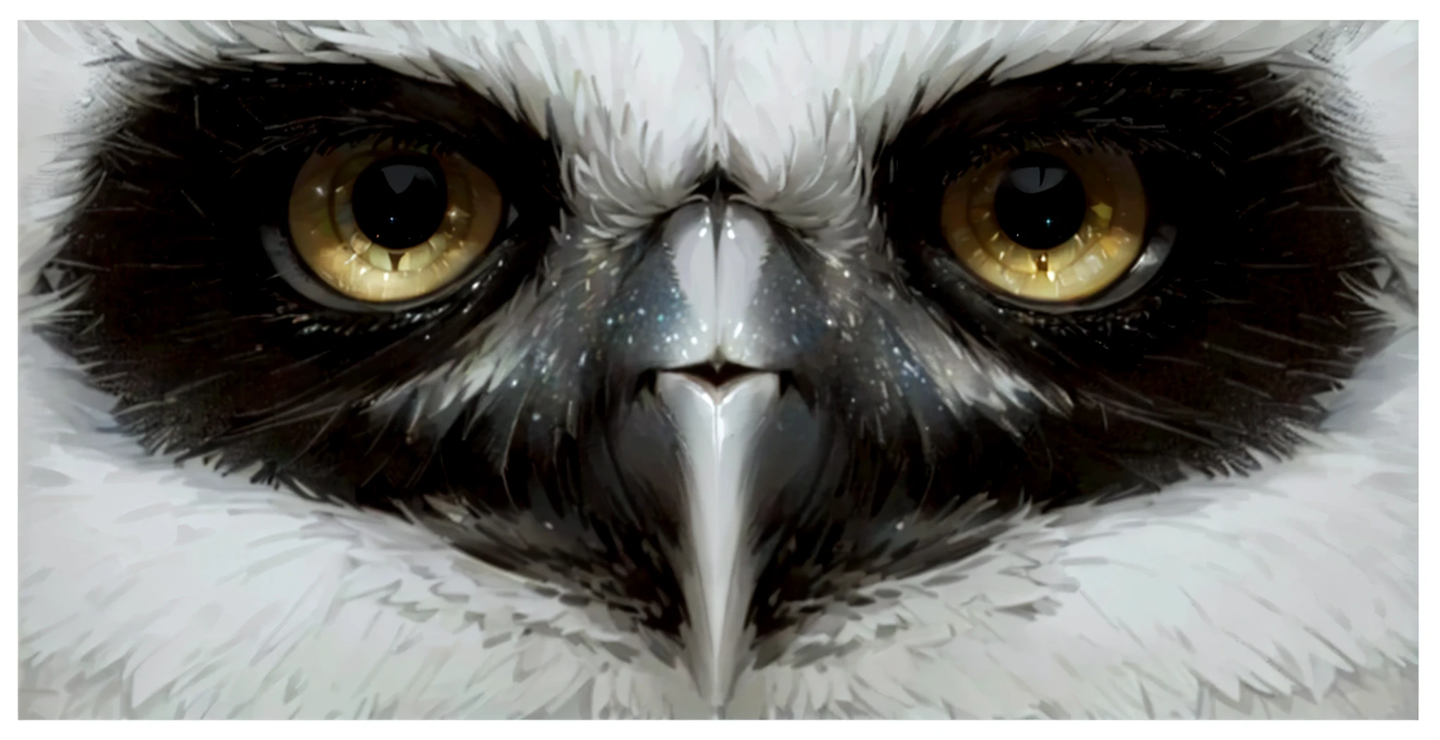 there is a close up of a bird with a very big eye, falcon bird face, very large eyes. symmetry, sparkling bird eyes, intense stare, with symmetrical head and eyes, large dark eyes, intimidating stare, heavy - lidded eyes, symmetric eyes, intelligent eyes. symmetrical, large entirely - black eyes, large entirely-black eyes