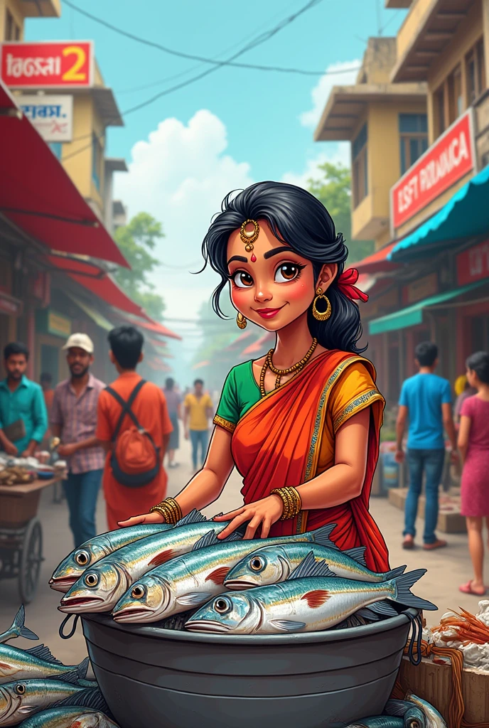 Indian fish seller women on shop with fish bucket in front in cartoon