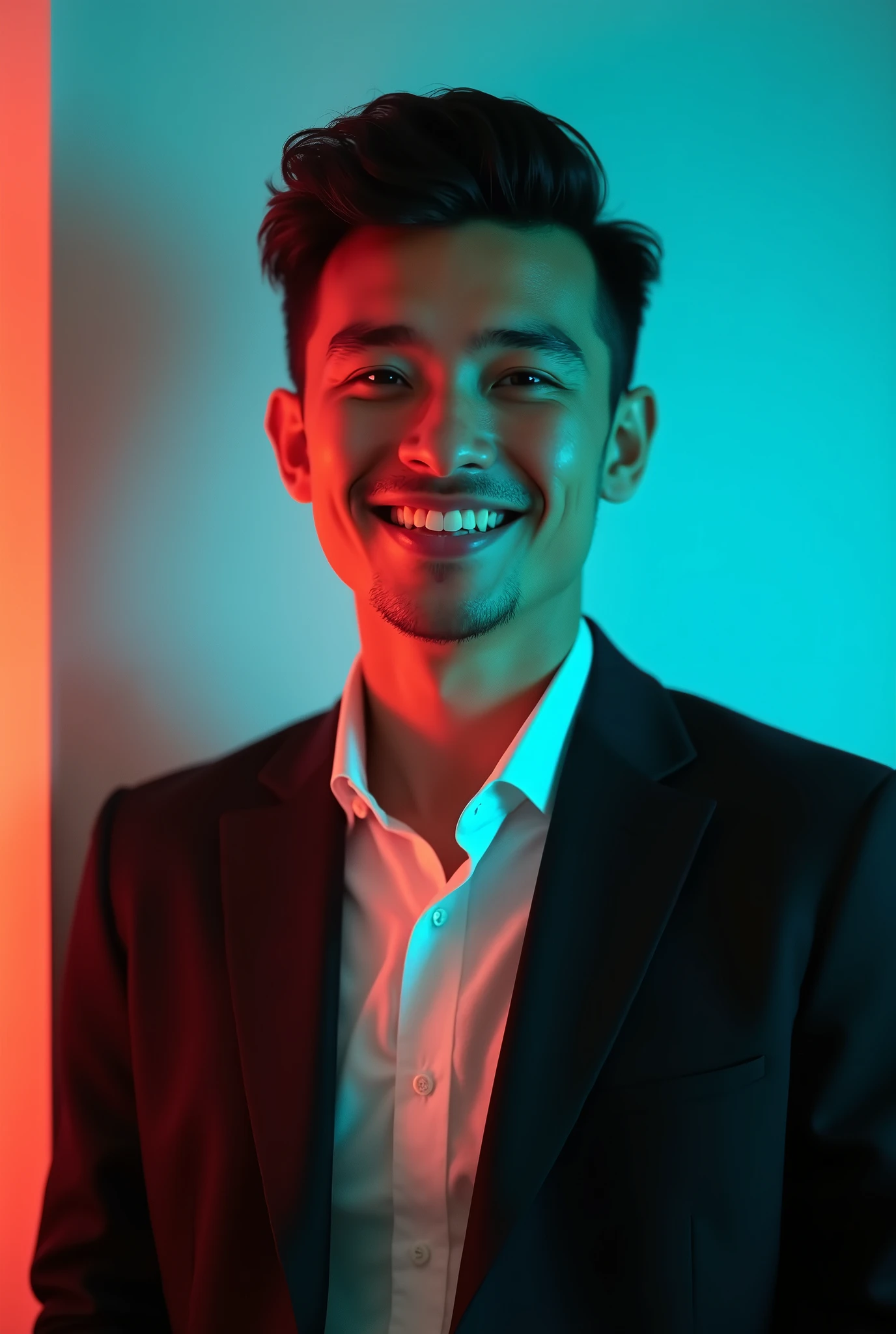 A young man with dark hair and a confident smile. He is dressed in a black blazer over a white shirt. The man is positioned against aqua colour backdrop with a subtle red lighting on the left side. and he posing for Linkedin profile