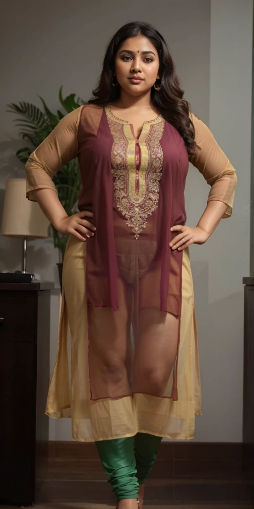 Day scene, A radiant, full-figured South Indian 3 aunty a brown colour chiffon fully transparent kurta, bra visible through kurta, ,standing, in a office captured in a full-body image with vibrant hues and meticulous details. Full body image