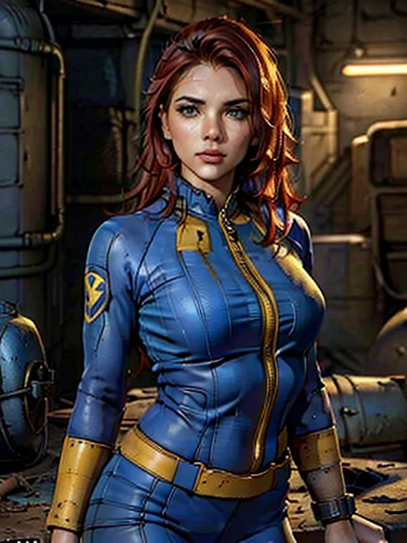 a girl in a fallout vault wearing a dark blue and yellow Fallout vault jumpsuit, pip-boy 3000, long red hair, round breasts, cleavage, post-apocalyptic, nuclear wasteland, desolate, ruined city, dramatic lighting, cinematic, photorealistic, 8k, hyper detailed, masterpiece, beautiful detailed face, beautiful detailed eyes, beautiful detailed lips, beautiful detailed nose,