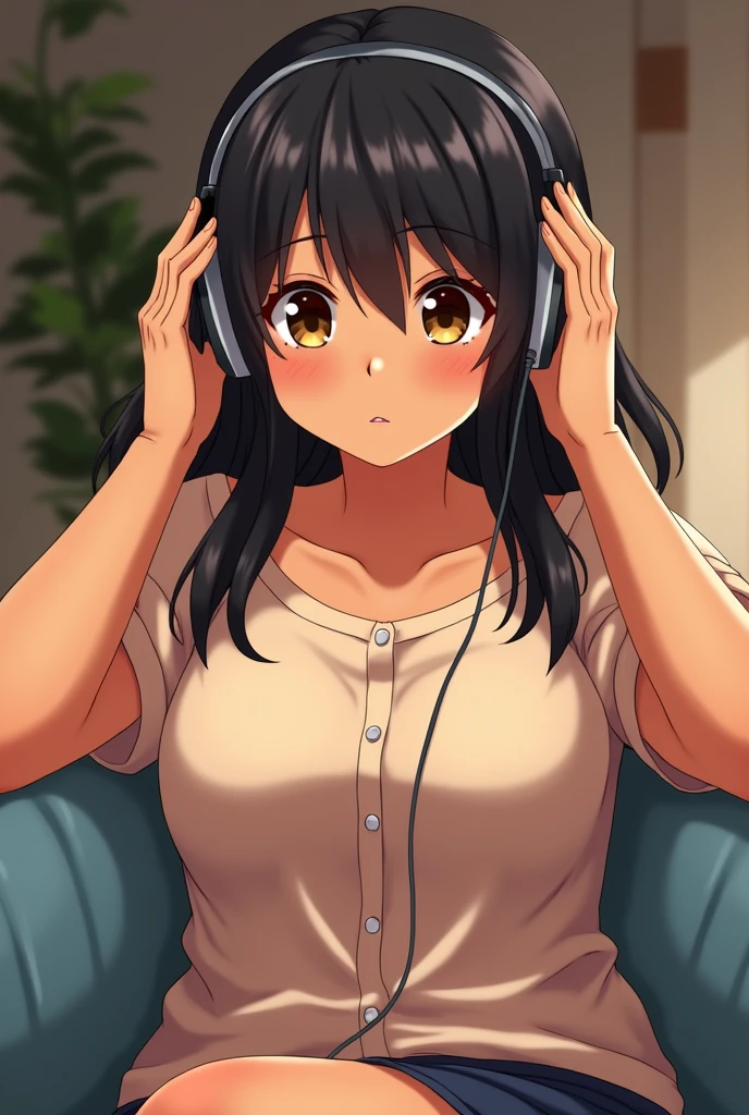 DR . stone, female sex of plump build, cinnamon colored skin, dark hair , dark brown eyes , with regular clothes ,while listening to music