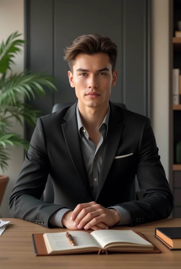 A handsome boy wearing a black suit he is sitting in his office.