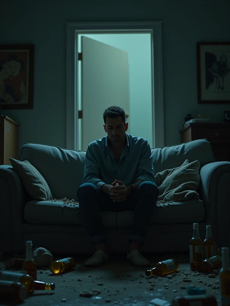 Marc, maintenant seul dans une pièce sombre de sa maison, est assis sur un canapé en désordre, le regard vide. Des bouteilles d'alcool vides sont éparpillées autour de lui. La lumière est faible, presque déprimante, avec un air de désespoir qui plane dans la pièce. On peut voir à l'arrière-plan une porte entrouverte qui suggère le départ récent de sa femme et de ses enfants.