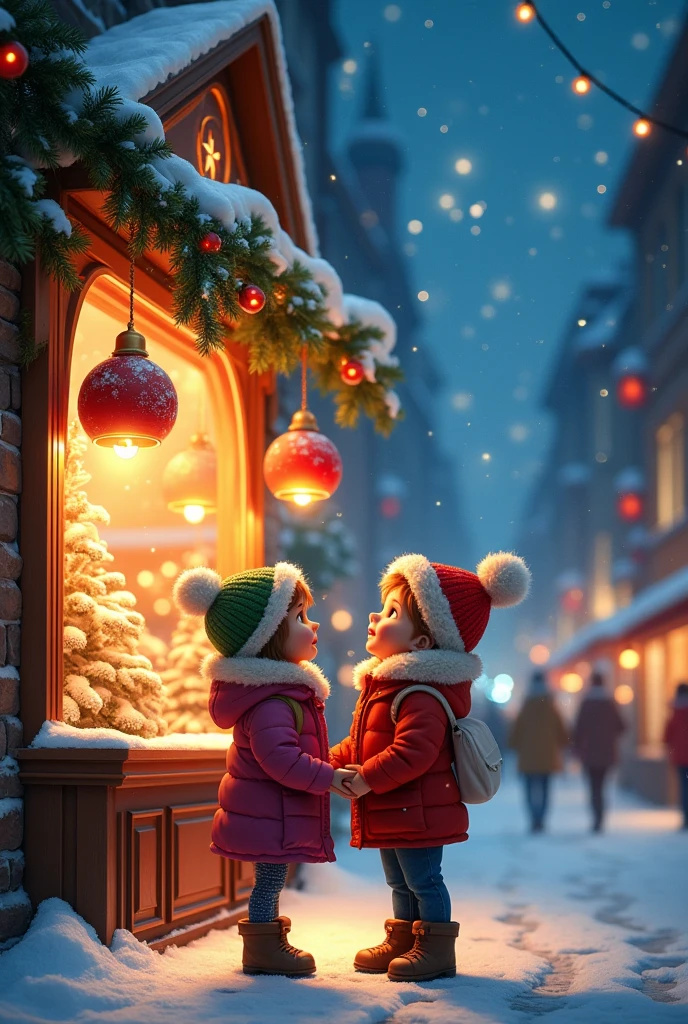 From the souvenir shop there are 2 children standing in front of the shop in the city on Christmas night.