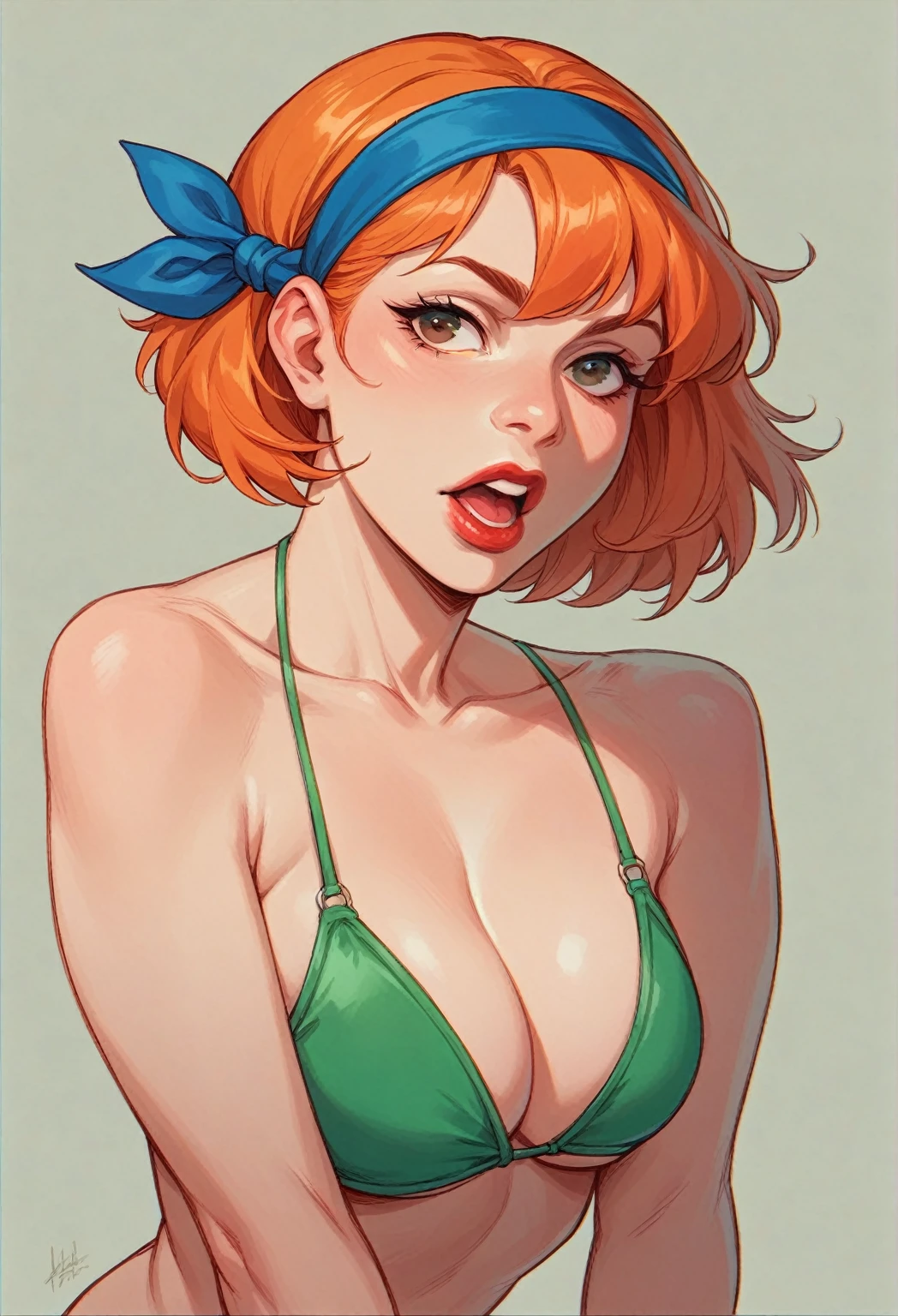  white female with short orange hair and blue headband in her hair, long mouth, big, thick mouth, thick red lips, big brown eyes, and a fluorescent green bikini.