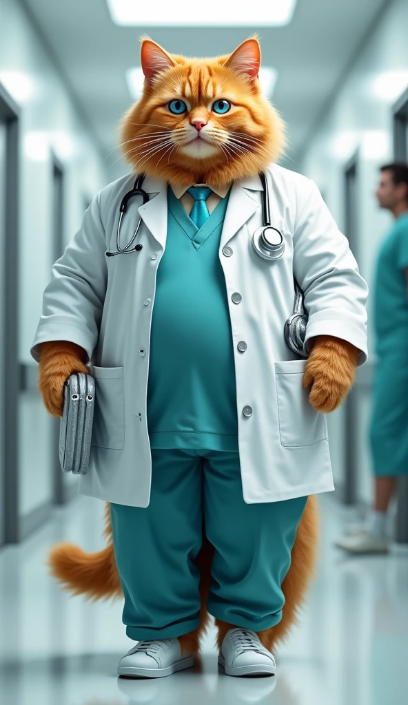 Make a picture of a fat orange cat with blue eyes, flat nose, facing the camera, wear a complete doctor's uniform, shoes and tie, carrying medical equipment with a hospital background, Wide, full body, 8k super realistic