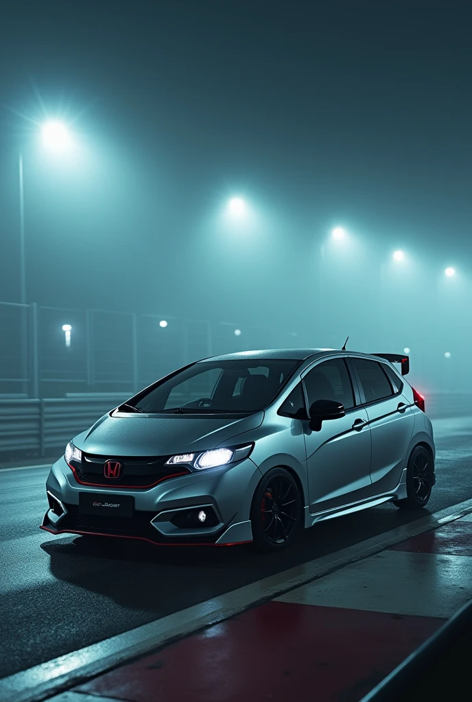 Modified honda jazz gk5 2018 silver on racetrack at night with foggy 

