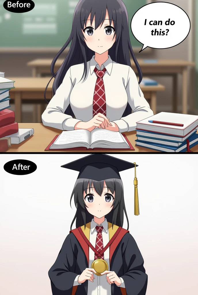 anime studious girl student, in a classroom, with books, pens, and with a callout saying “I can do this”, symbolizing she has faith in Him. Make her uniform white longsleeves, with a red checkered necktie. Make this as the “before” her. And an anime girl at the half below part, graduated anime girl with a medal as the “After” her