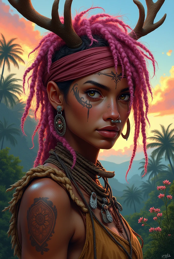 Portrait wild native woman ethnic tribe tattoo on face with features, peinture tel un bandeau devant les yeux ayant un anneaux dans le nez tel un piercing, cheveux très court avec des locks couleur rose coiffure avec des bois dans les cheveux sur la tete, os dans une jungle tropicale peinture coloré avec des pâquerettes en fond coucher de soleil
Buste avec vêtement beige déchiré.