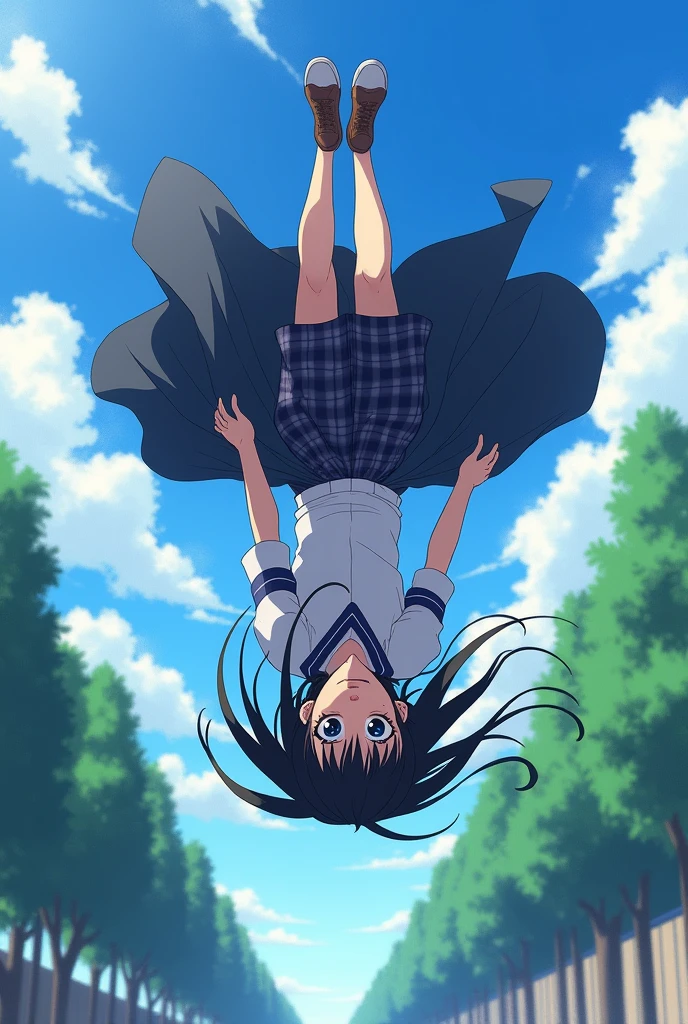 in 8K、top-quality、​masterpiece、Ultra-detail、Ultra-high resolution、(((Anime style)))、1 High School Girl、Uniforms、School route、heavy wind、Check skirt、Skirt flipping in the wind、Slouched、Skirt suppression、Impatient, floating upside down in the air, shoe sole, 
falling 