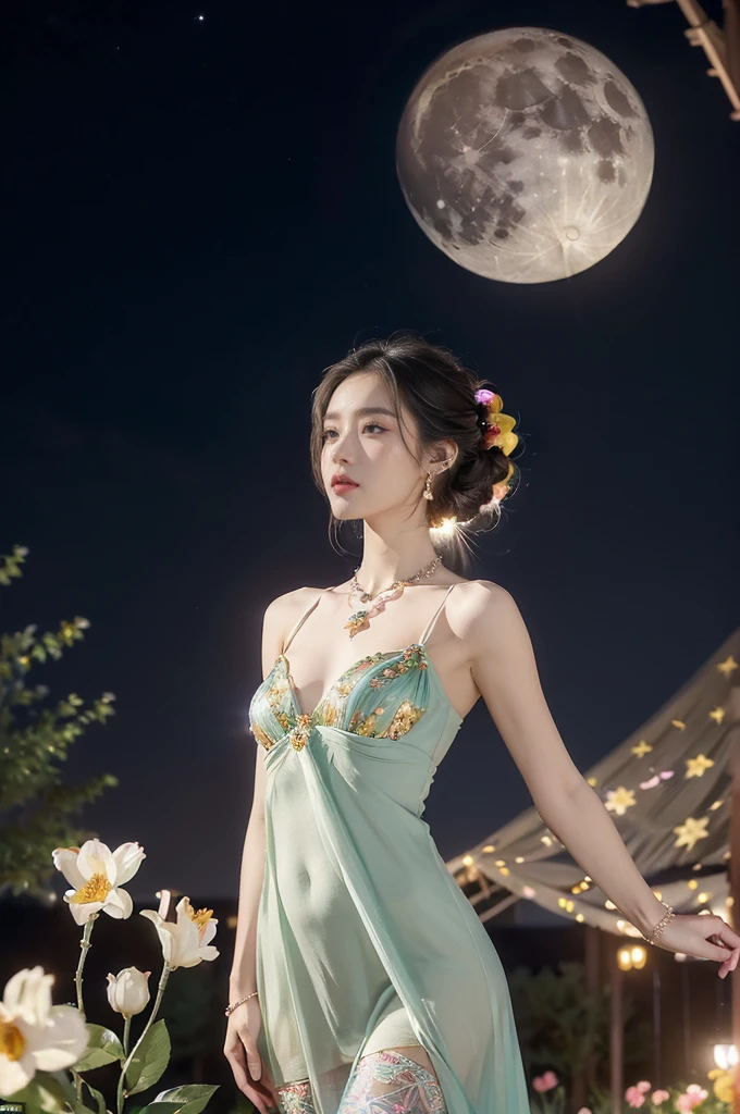 (((best quality))),(((ultra detailed))),(((masterpiece))),illustration,((1 beautiful girl,solo)),(neat chignon:1.2),((earrings,crystal necklace)),((slim,thin)),((small breasts,flat chest)),(slender legs:1.2),(stockings:1.3),(a moon in the clear night sky as the background:1.3), gentle glow,(Standing in the world full of vibrant flowers:1.3),(arms behind back:1.3),(gorgeous maxi dress:1.3),sparkling eyes,graceful,(surrounded by crowded colorful flowers:1.5), kaleidoscope, shimmer,bright moonlight, delicate petals, fragrance, otherworldly, magical realm, enchantment, tranquility, essence of beauty, peace,(outdoor:1.2),(night scene:1.3),((from front,upper body))