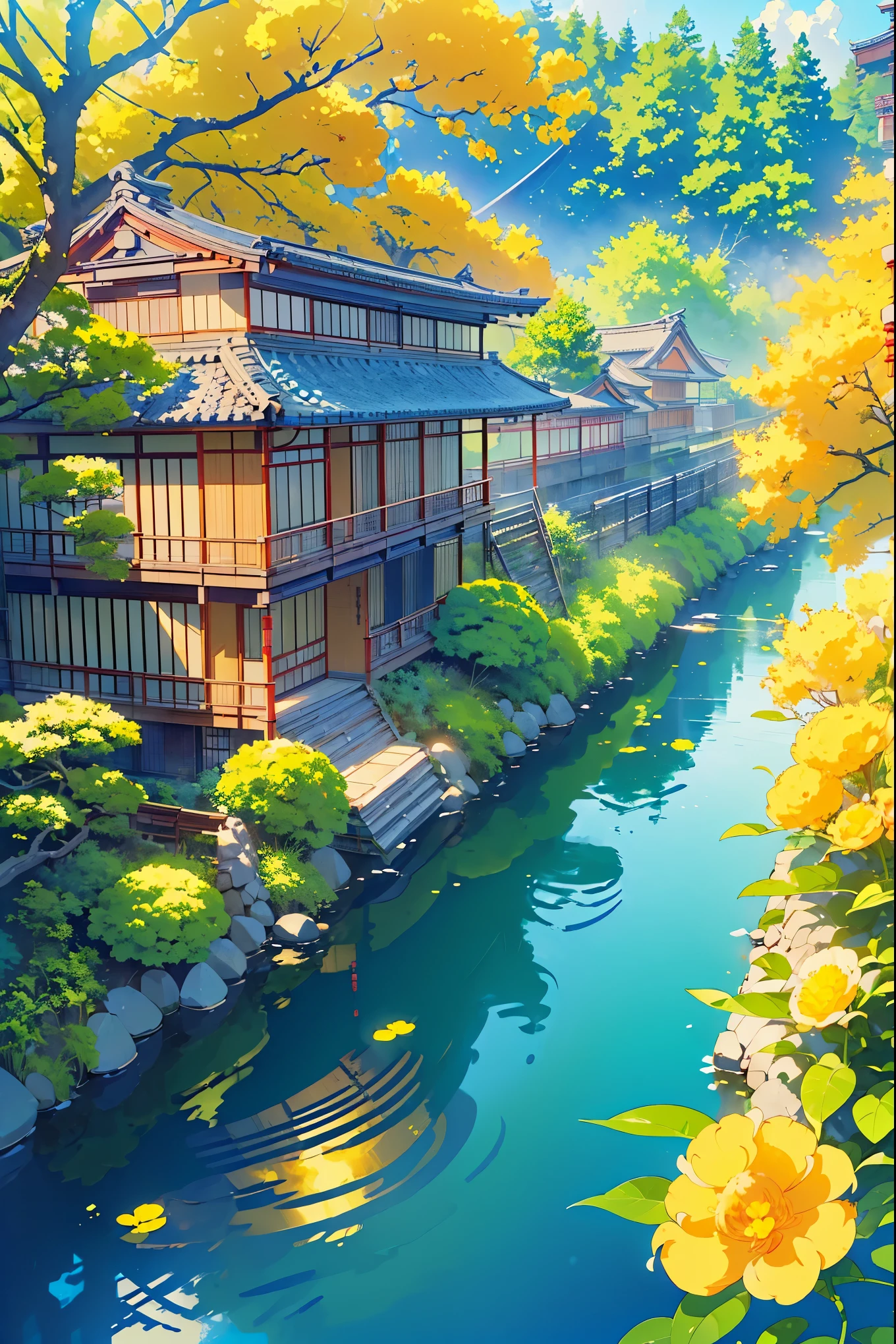 ((traditional japan houses near river with a big yellow flower tree: 1.3)) , ((camera facing the front of the houses:1.2)), ((next to a river: 1.2)), detailed anime artwork, urban, japan anime scene, ((bright blue sky: 1.0)), extra detailed, very detailed, japanese village , plants, birds, anime style, anime, lofi, lofi vibe, ((best quality:1.5)), ((masterpiece:1.5)), ((highly detailed:1.3)), ((anime aesthetic:1.2)), ((no one: 1.2)), ((no people: 1.2))