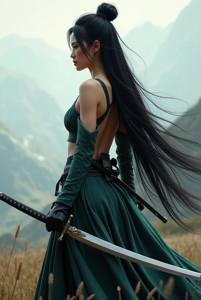 samurai woman, ((masterpiece, highest quality, Highest image quality, High resolution, Raw photo, 8K)), ((Extremely detailed CG unified 8k wallpaper)), (huge stunning goddess shot, very hot and sexy, revealing, full body, jaw-dropping beauty, perfect proportions, beautiful body, slim body beauty:1.4), black hair, photorealistic, from behind, 16k, 8k, 4K