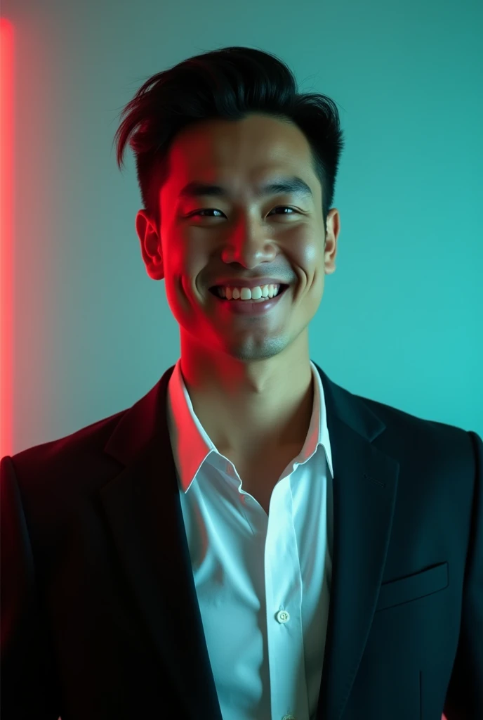 A young man with dark hair and a confident smile. He is dressed in a black blazer over a white shirt. The man is positioned against aqua colour backdrop with a subtle red lighting on the left side. and he posing for Linkedin profile