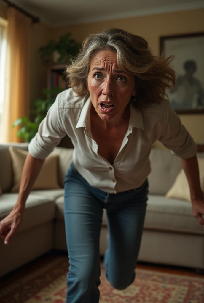 A woman (mother) crying and shouting, she got up from the living room couch trying to get upstairs because she's worried about something