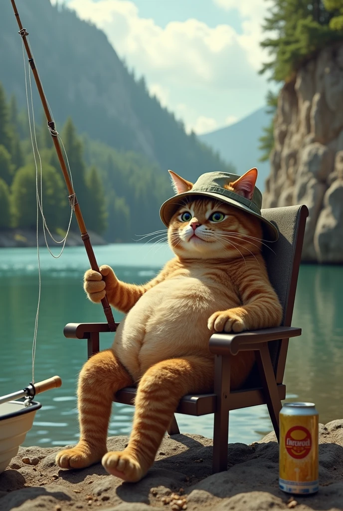 A fishing Cute fat cat with his fishing rod, well defined:1.3, sitting on a chair by a river, holding a fishing rod, drinking a beer, wearing a bucket hat, boat nearby, surrounded by a forest and rocks, extremely detailed, funny, satirical surreal scene.