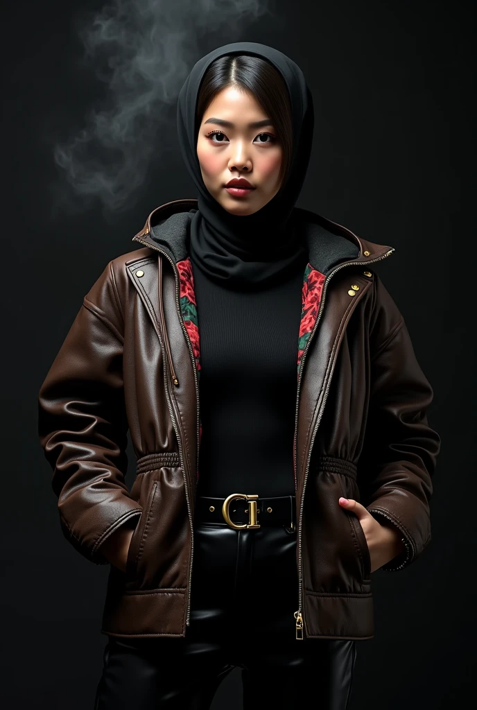 beautiful tanned japanese woman, ((black hijab)) ((headscarf)) wearing a designer jacket using expensive materials, from brownish black buffalo leather, with a Gucci motif inner lining accent, and a hoodie with a green, red and gold floral pattern. and black fabric turtle neck top tucked inside latex pants, gold zipper, thick eyebrows, photorealistic, masterpiece, moncler, ((black hijab)), open coat, lips pouting, pouts, void black background with smokes and nice lighting