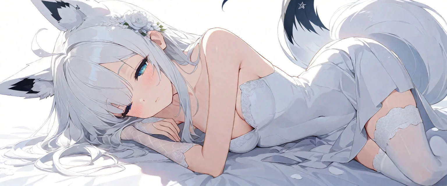 (muste piece), (best quality), (score_9, score_8_up, score_7_up), very detailed eyes, expressive eyes, perfect face, very detailed face, highly detailed face, beautiful girl, 8K, beautiful girl, (white background:1.3), delicate and beautiful face and eyes, dark intense shadow, 1 girl, solo, vtuber style, cool girl, hololive, vtuber, Shirakami Fubuki, white hair, long hair, blue eyes, fox ears,fox tail, see-through:bride, bridal veil, bridal gauntlets, wedding dress, bridal garter, bridal legwear, white thighhighs, medium chest, soft chest, cleavage, clavicle, half-closed eyes, sleeping, breathing, (full body), sleeping face, lying on bed, arm on forehead,