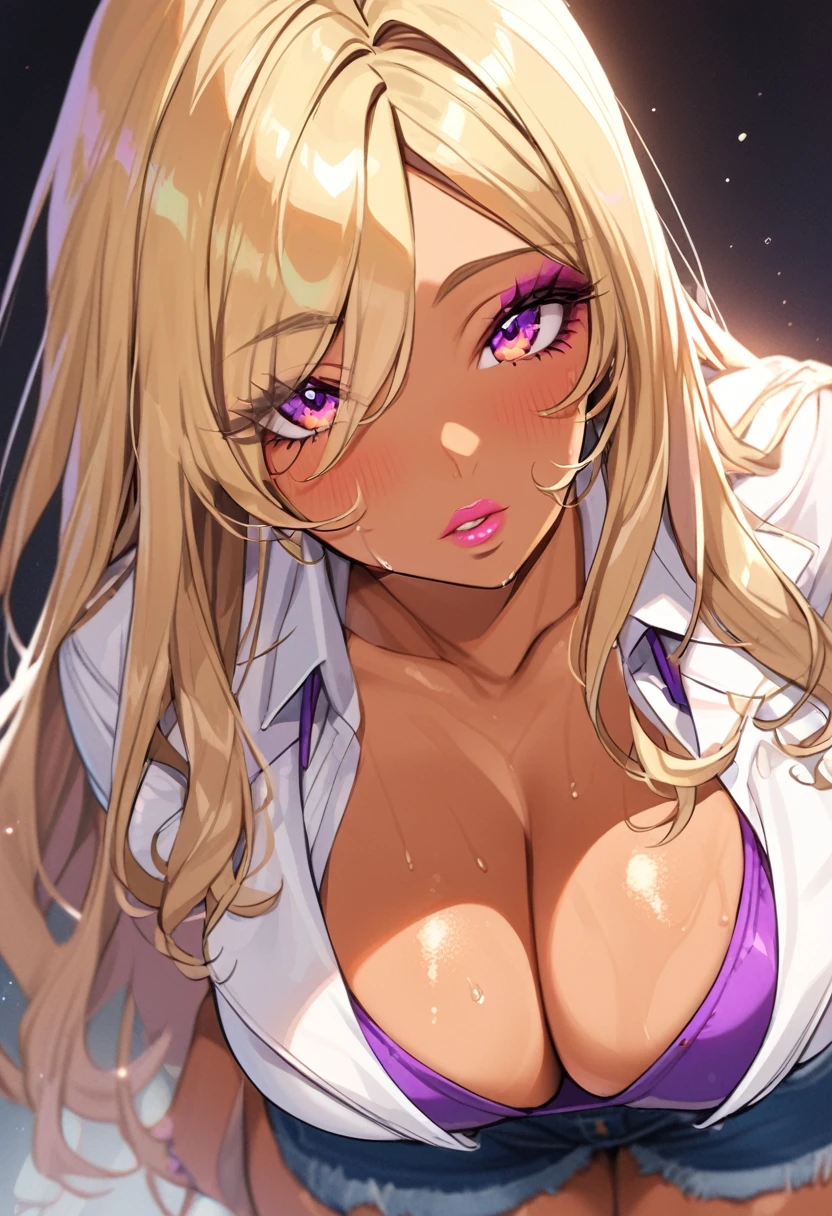 mature seductive gyaru,curvy body,blonde hair,eyelash,glossy lips,tanned skin,humid,straight hair,cleavage,purple tube top,white shirt jacket,denim skirt,look up at viewer