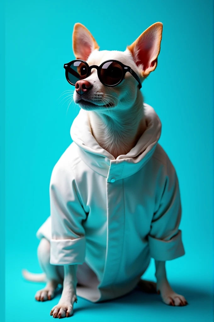 The best cell phone wallpaper, Award-Winning Wallpaper, portrait photography, In the front view is a portrait of a cute dog wearing mid-1960s space age fashion, Side view photo, Shot with Canon EOS R5, Set a strong contrast that accentuates the subject, Fluorescent blue tone, Wearing a very modern coat and sunglasses is a modern 1960s style, Clothes all in one color, beautiful background