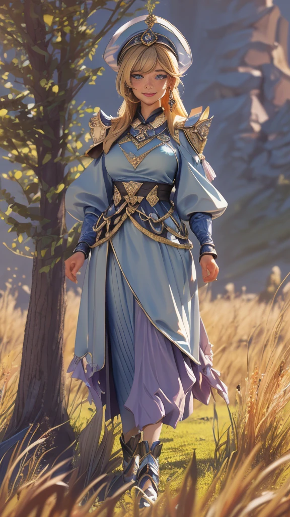 (best quality,4k,8k,highres,masterpiece:1.2),ultra-detailed, 1woman, polish goddess Dzidzilelia, AvaAdams, pale skin, grayish blue eyes, matronly dressed in brown gown, wide hips, large ample breasts swollen with milk, dark blond hair worn up, kind eyes, looking at viewer compassionately, loving smile on face, drawn in the style of Yoshitaka Amano, HDR, 8k, absurdres, cinestill 800, sharp focus