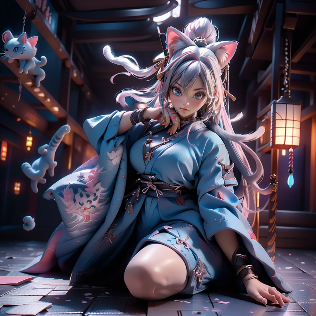 ((Samurai Girl)), Moisturized Skin, (blue eyes), Realistic body, ((Open chest)), (Adult female body), Energetic, 3DCG, front, Pink lipstick, (Silver Hair), ((Cat ear)), Beautiful Hair, Long Hair, ponytail, (((Samurai Armor: 1.3))), ((masterpiece + Highest quality + High resolution + Very detailedな)), (whole body: 1.2), Raise your right knee, A fine Japanese sword, (Perfect fingers), (Perfect limbs), Depiction from above, ((Anatomically correct)), Textured skin, Very detailed, 