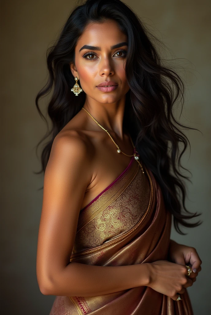 Beautiful  tightness  aunty  with wavy long hair,wear saree, and showing her abs