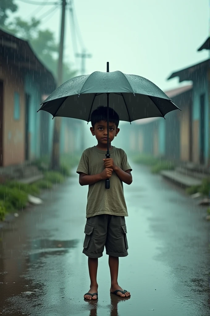 A Bangladeshi 2 boy is standing in the middle of a road with an umbrella in his hand and it is raining in the afternoon