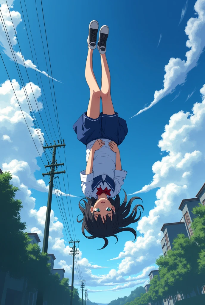 in 8K、top-quality、masterpiece、Ultra-detail、Ultra-high resolution、(((Anime style)))、1 High School Girl、Uniforms、School route、heavy wind、Impatient, floating upside down in the air, shoe sole,
falling