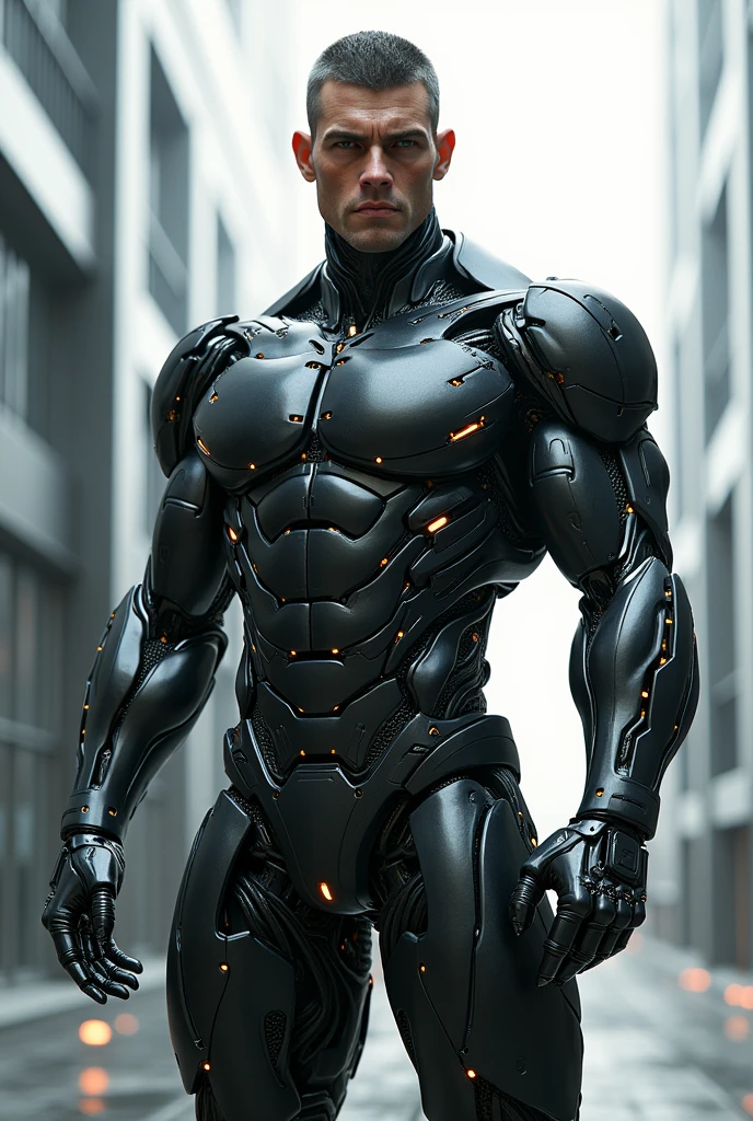 - Homme de grande taille, corpulence musclée
- Moitié droite du corps couverte d'implants cybernétiques lisses, métalliques, couleur gris anthracite
- Implants avec joints fins et lignes nettes, aspect technologique avancé
- Plaque métallique couvrant le côté droit du visage, texture lisse, finition noire mate
- Œil gauche rouge vif, lumineux, avec un éclat intense, légèrement irrégulier
- Peau restante pâle, teinte cireuse, légèrement translucide
- Cheveux courts, noir profond, coiffés en arrière
- Expression faciale déterminée, sourcils froncés, lèvres légèrement pincées
- Costume sombre, noir ou gris foncé, coupe ajustée, en tissu raffiné
- Détails technologiques sur le costume : motifs argentés intégrés, petites lumières discrètes sur les épaules et les poignets
- Ambiance futuriste, austère, impressionnant et autoritaire
Cyberpunk