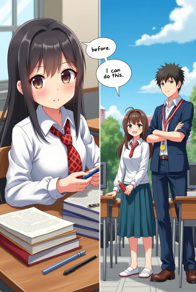 anime studious girl student, in a classroom, with books, pens, and with a callout saying “I can do this”, symbolizing she has faith in Him. Make her uniform white longsleeves, with a red checkered necktie. Make this as the “before” her. And an anime girl at the half below part, graduated anime girl with a medal as the “After” her with university campus as the background and beside her is her parents