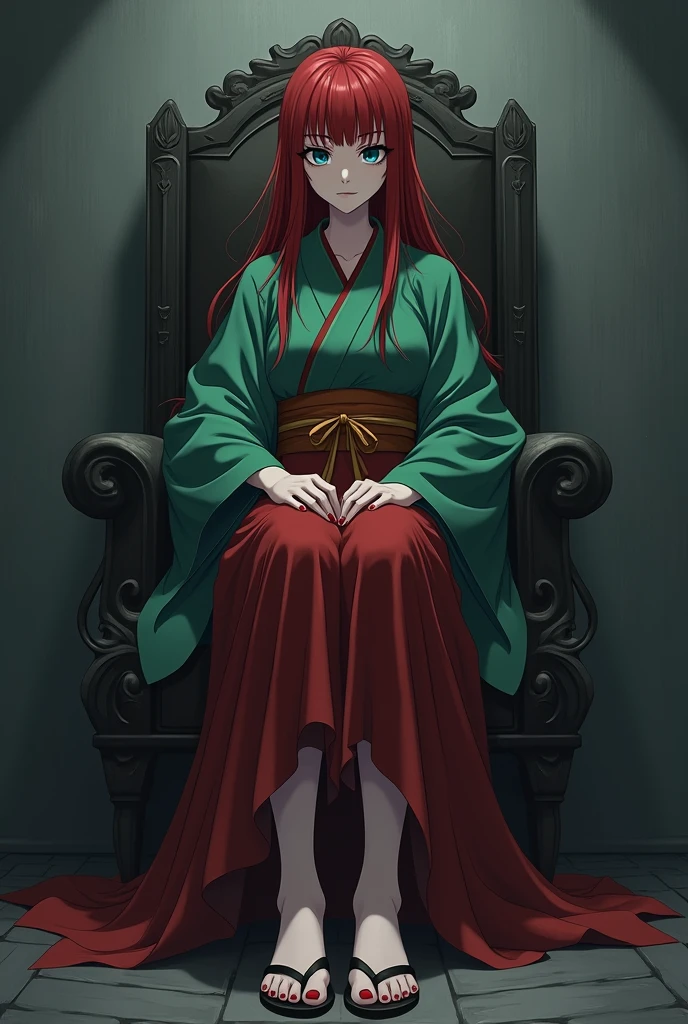 The image is anime style with shadows and dim lights, anime style although somewhat adult and dark, It shows a 40-year-old adult woman with blue eyes and wearing a beautiful oversized green and red yukata.; He also wears sandals. She has very long and loose hair., dark red, with an expressionless face but that at the same time influences fear and authority, The background of the image is a grey wall. is beautiful, but it seems like a psychopathYou find yourself sitting on a kind of throne, She has red toenails and beautiful feet