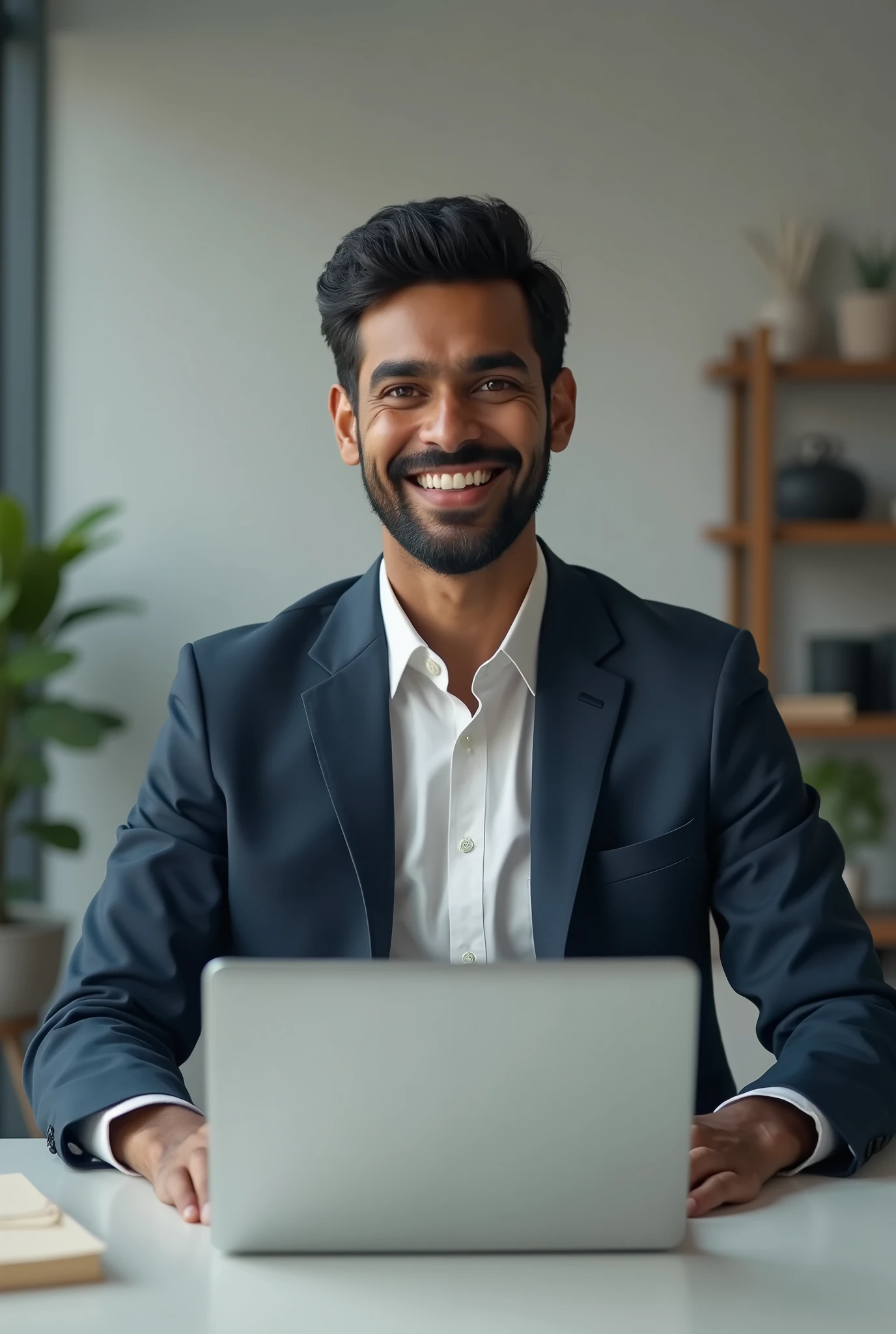 a indian male friendly looking business character in a (Dress code). Sitting behind his laptop in his studio, arms on his desk. It is (Day or Night). The room is minimalistic. Front facing to the camera, looking straight and centered, central portrait, sitting straight, front view, centered looking straight.
