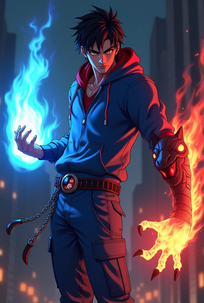 Boy age 20, latin, brown eyes, deep and cute eyes, royal blue hoodie, the hoodie hood is red into, royal blue cargo pants, only right demon arm, only right arm on red flames, only left arm blue flames, japanese style, belt with a blue and red ying yang, chains around the belt, athletic, magic powers, action, cunning look, leather brown boots with metal pins, black cat nails, jojo's pose, black hair, night background, uncovered head