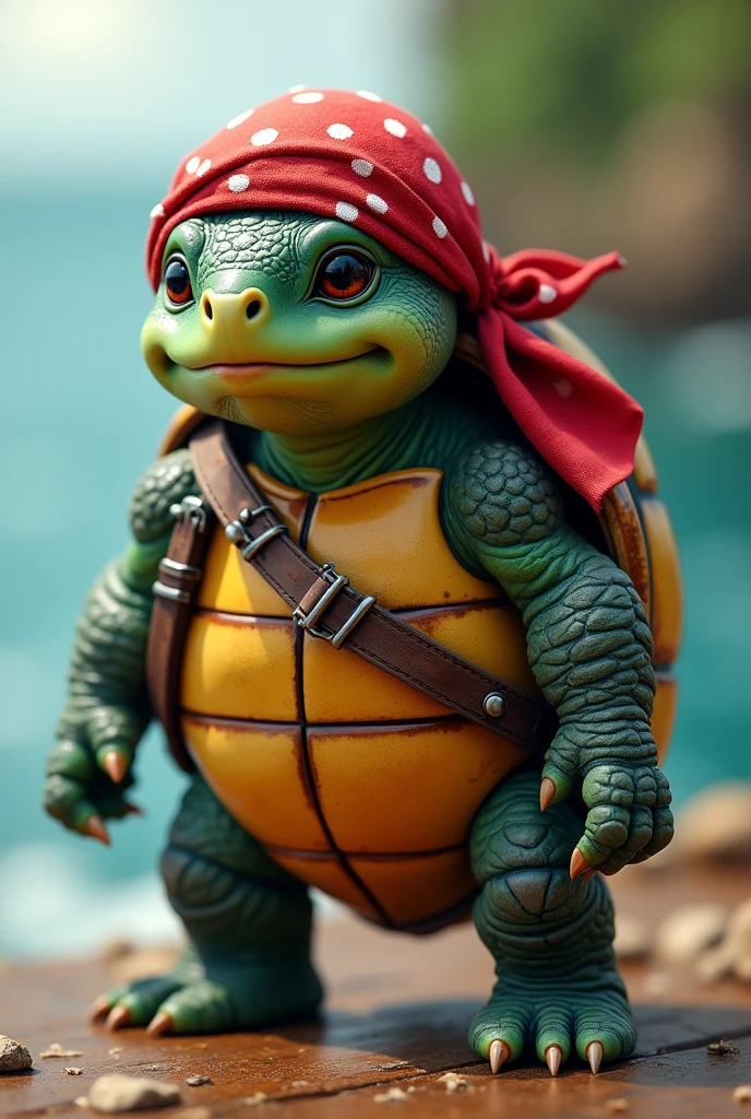 Tortu mignonne et pirate, debout avec un bandeau rouge sur la tête