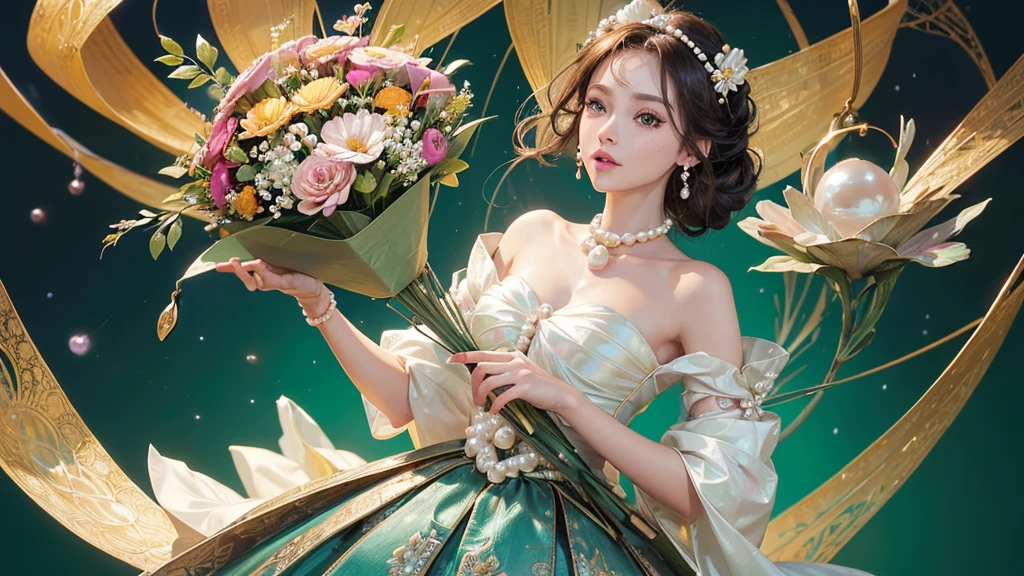 32K, 最高quality, 最高masterpiece, (ultra-Detailed Background, Detailed Background), High resolution, Super detailed, Very detailedな, 1 personの, (bouquet:1.3), (Tangled:1.2), (Geometric:1.2),(colorful),(masterpiece, quality, best quality, Official Art, Beautiful and beautiful:1.2), (1 person:1.3), Very detailed,(colorful:1.1)(Flowers:1.3),Most detailed,(Tangled:1.2), whole body, (Abstract background:1.3), (Skin glows), (Many colors:1.4), ,(Earrings Pearl:1.5), Light green background, It's imaginative., Brunette Hair, Updo, Holding a book, Holding a pen, Satin shirt,