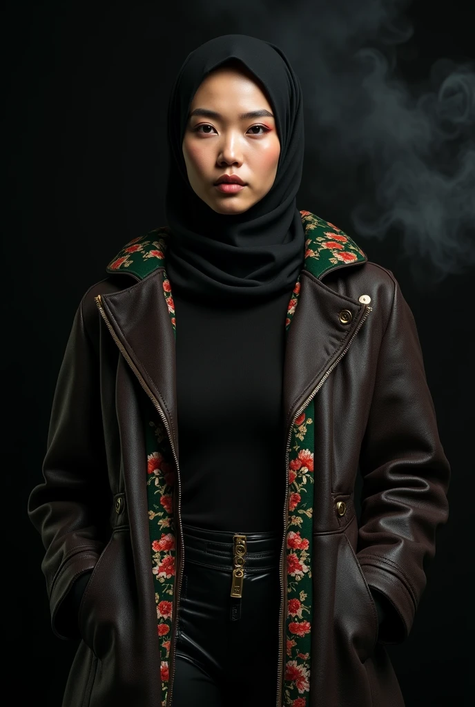 beautiful tanned japanese woman, ((black hijab)) ((headscarf)) ((no hair, no hair)) wearing a designer jacket using expensive materials, from brownish black buffalo leather, with a Gucci motif inner lining accent, and a hoodie with a green, red and gold floral pattern. and black fabric turtle neck top tucked inside latex pants, gold zipper, thick eyebrows, photorealistic, masterpiece, moncler, ((black hijab)), open coat, lips pouting, pouts, void black background with smokes and nice lighting