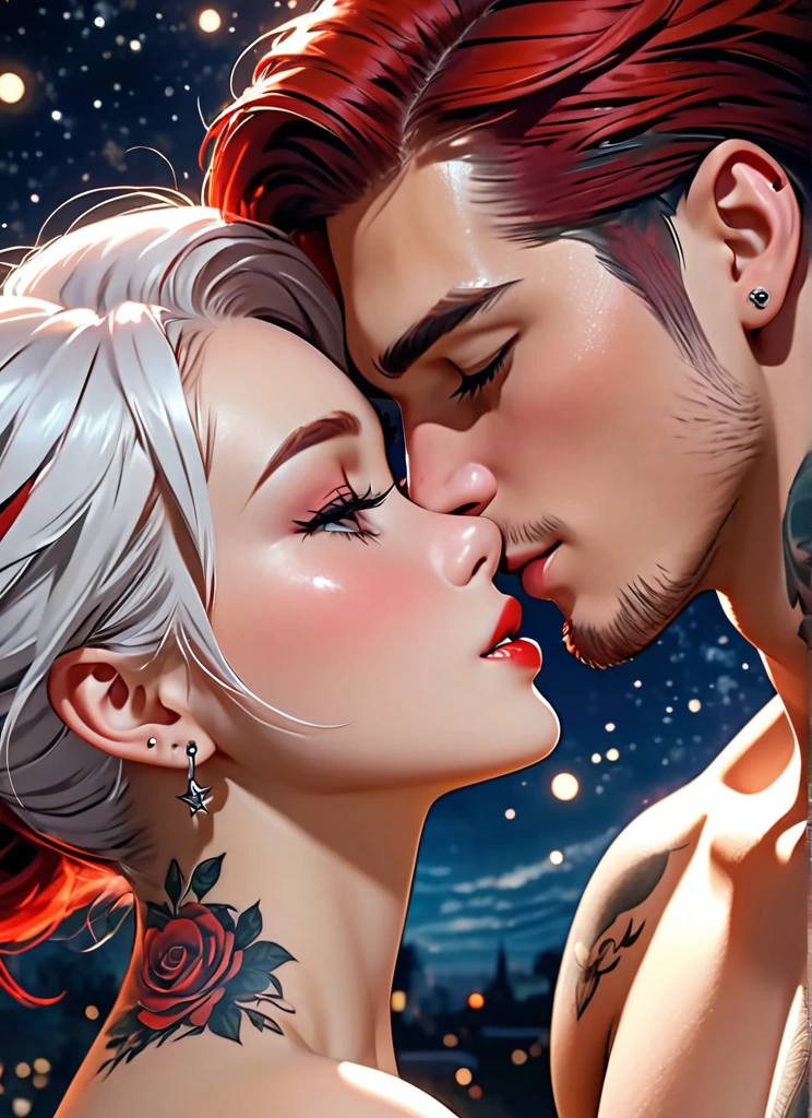 A man and a woman kiss in a dark starry night both are European and have tattoos and piercings the woman has red hair the man has white hair and both are very sexy. 4K, ultra HD, muito detalhado, auquarell, close up shot, real cartoon, glossy