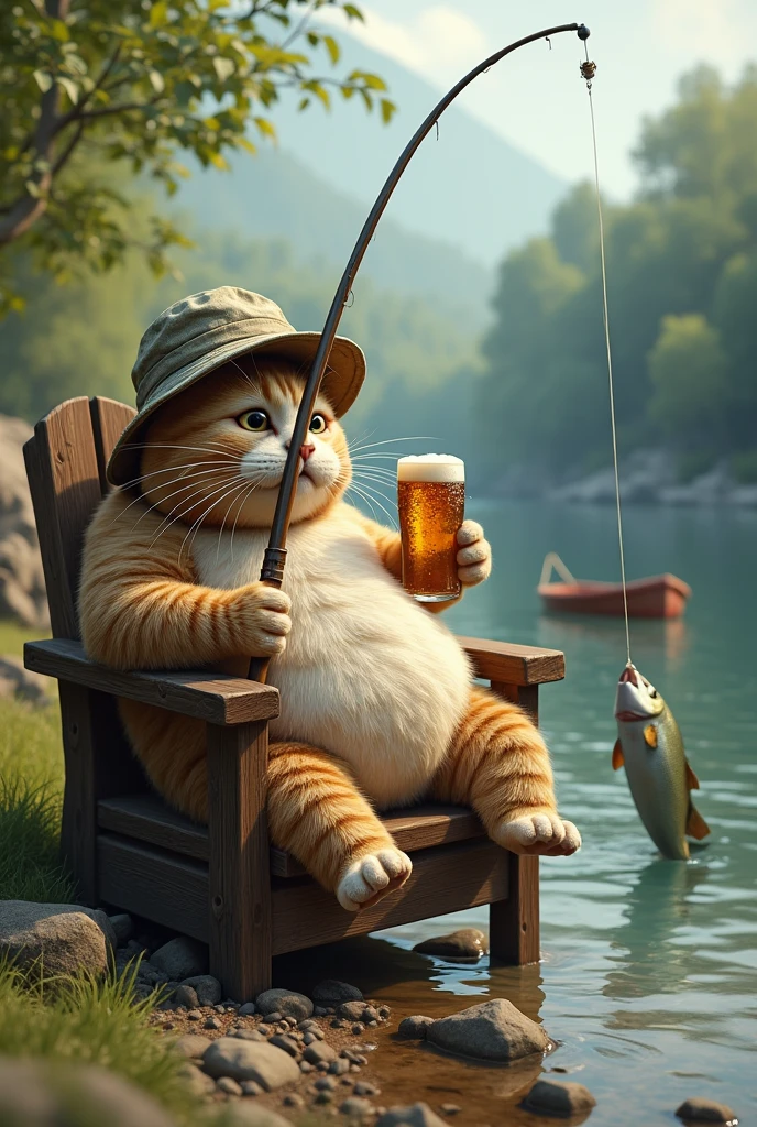 A fishing Cute fat cat with his fishing rod, well defined:1.3, sitting on a chair by a river, holding a fishing rod, drinking a beer, wearing a bucket hat, boat nearby, surrounded by a forest and rocks, extremely detailed, funny, satirical surreal scene. An then get a big Fish Fly on the river 