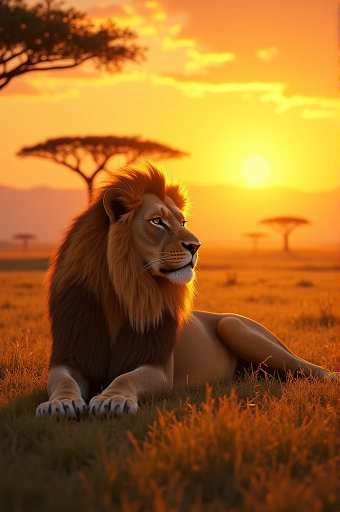 A majestic lion basking in the golden light of a setting sun on the savannah.