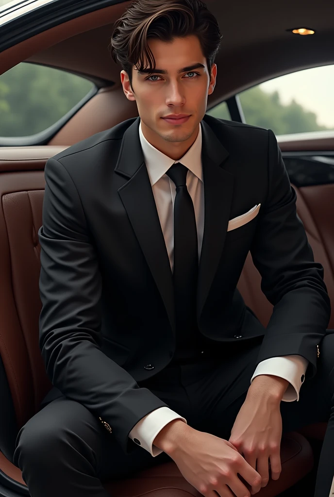 A handsome boy wearing a black suit he is sitting in his luxary car