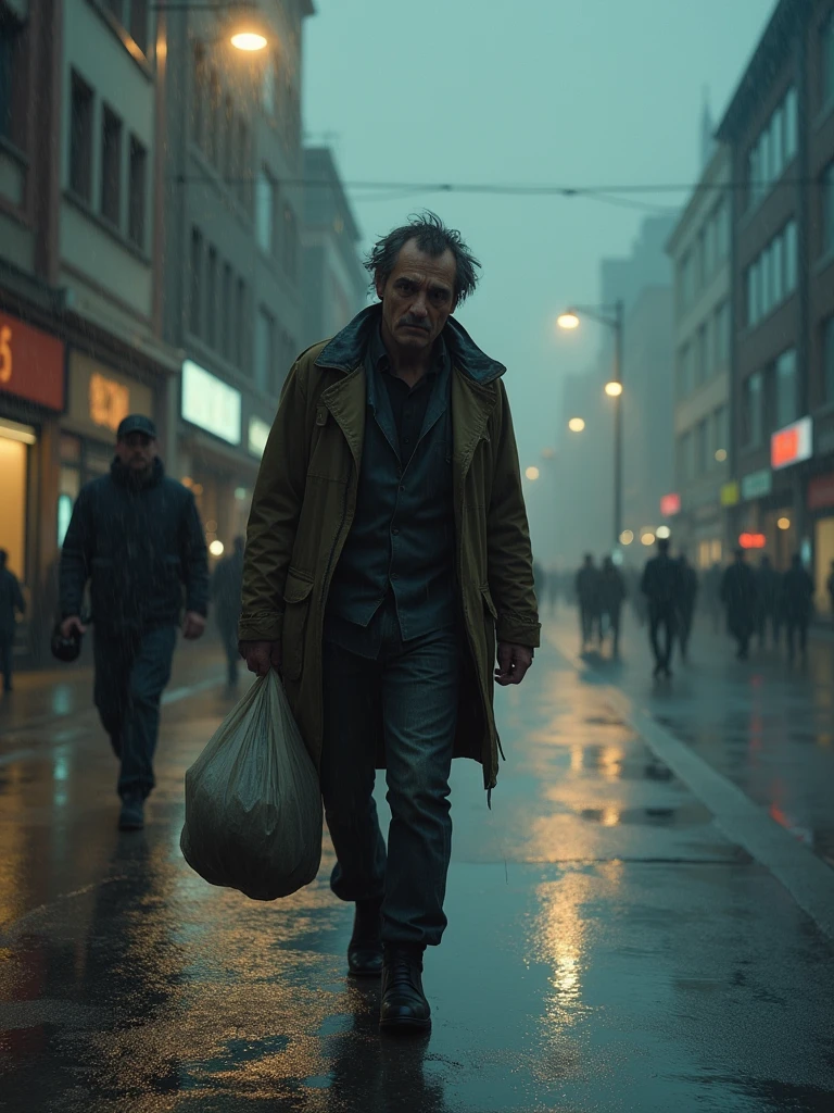 Marc, in worn clothes, walking alone on a deserted street in the rain. He looks tired and helpless, carrying a plastic bag with some stuff. The lights of the street lamps reflect on the wet ground. In the background, we can see indifferent passers-by continuing on their way, illustrating his total solitude.