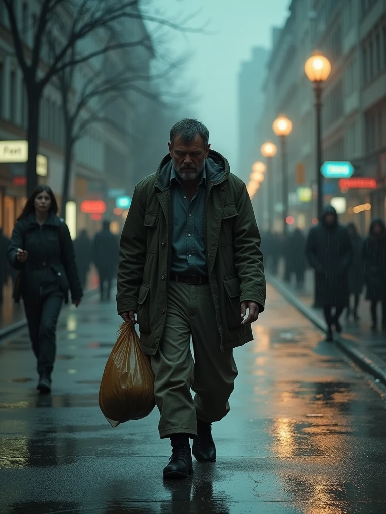 Marc, in worn clothes, walking alone on a deserted street in the rain. He looks tired and helpless, carrying a plastic bag with some stuff. The lights of the street lamps reflect on the wet ground. In the background, we can see indifferent passers-by continuing on their way, illustrating his total solitude.