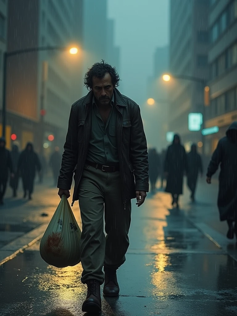 Marc, in worn clothes, walking alone on a deserted street in the rain. He looks tired and helpless, carrying a plastic bag with some stuff. The lights of the street lamps reflect on the wet ground. In the background, we can see indifferent passers-by continuing on their way, illustrating his total solitude.