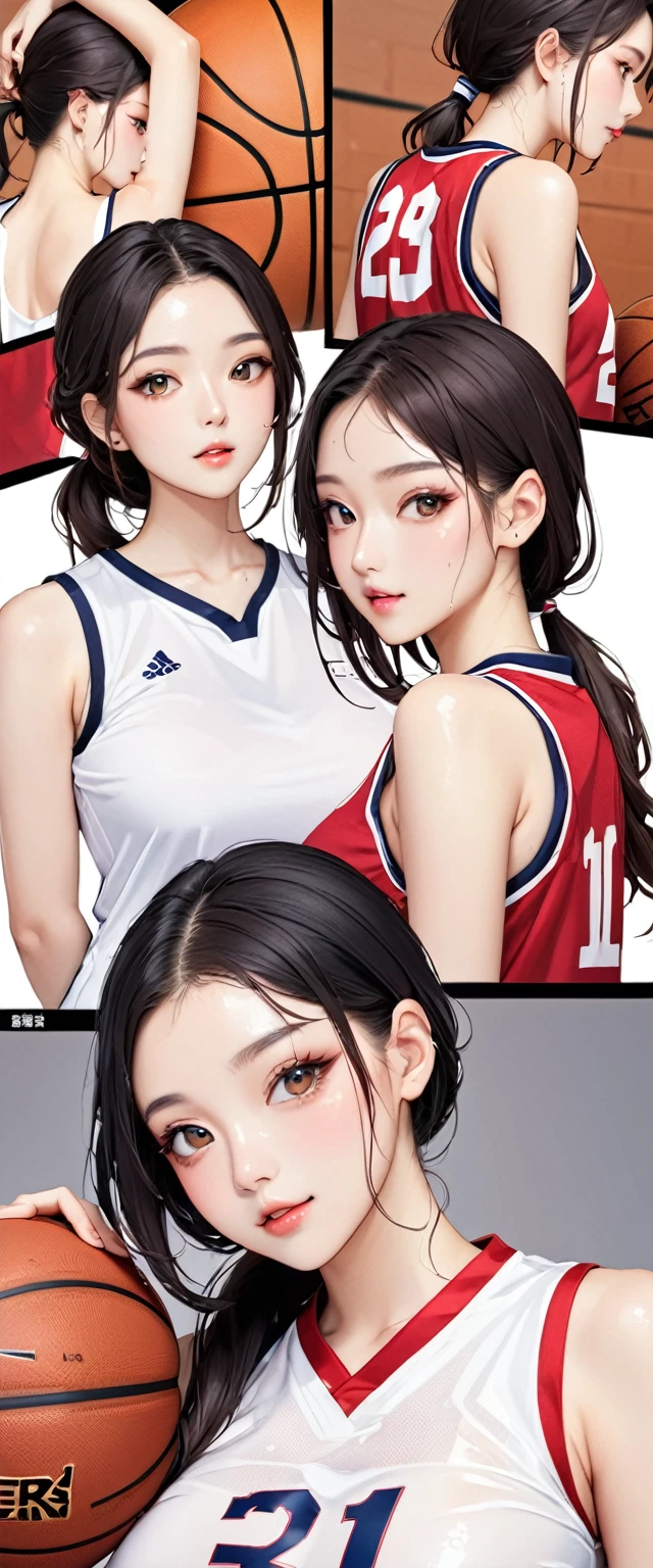 (masterpiece,highest quality,超A high resolution),japanese woman, (((Very beautiful 2 girl))), pretty girl、look at the photographer､  ((beautiful low ponytail)), super cute face, glossy lips, double eyelids in both eyes,natural smile、 natural makeup, long eyelashes, Shiny and smooth hair､center image,  perfect limbs, perfect anatomy,(((basketball sleeveless uniform)))、,(wet with sweat),,turn around and look back