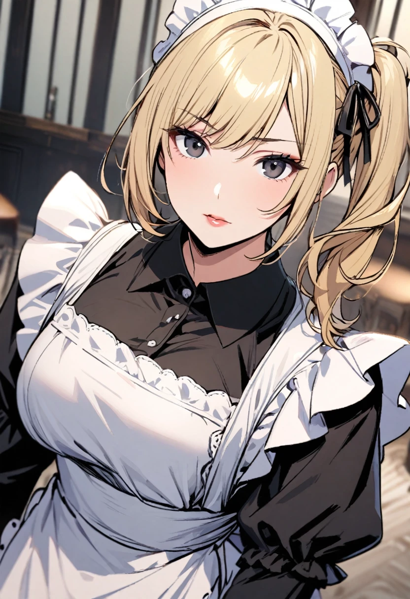 Solo, 1girl, medium hair, blond hair, black eyes, mature, side ponytail, maid, beautiful color